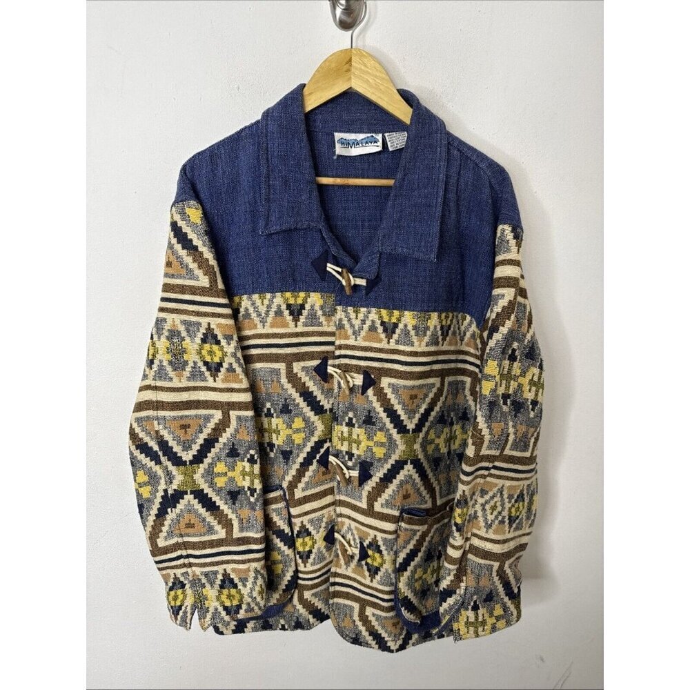 Vintage Himalaya Tapestry Jacket Aztec Toggle Button Woman L-XL (one Size) Denim